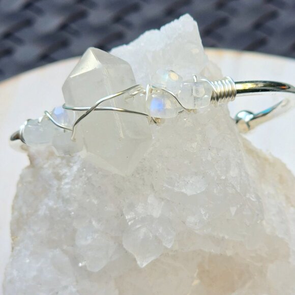 Moonstone Wire Wrap Cuff – 925 Silver Over Copper – Intuition & Balance Talisman - Picture 5 of 11